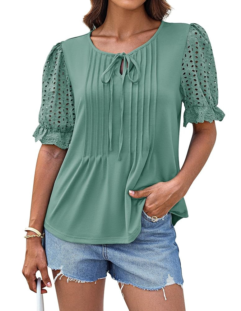GRACE KARIN Womens Summer Top Casual Crewneck Short Puff Sleeve Crochet Lace Embroidered Blouses ... | Amazon (US)