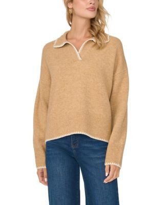Vince Camuto Women's Collared Long Sleeve with Contrast Tipping Sweater - Taupe | Macy's