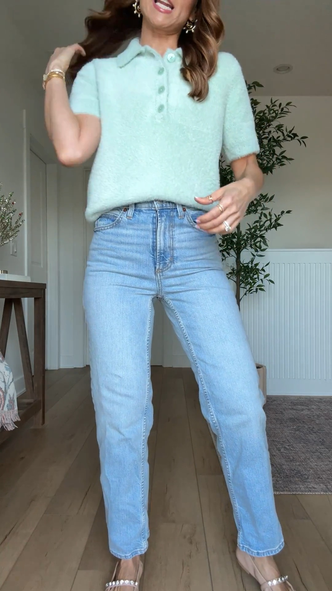 I love this new mint green sweater top from Target! Wearing XS. Spring outfit. Spring style. Spring workwear. Target high rise straight leg jeans in 00 short. Business casual top. Sparkly ballet flats are tts. 

#LTKootd #LTKgrwm #LTKWorkwear