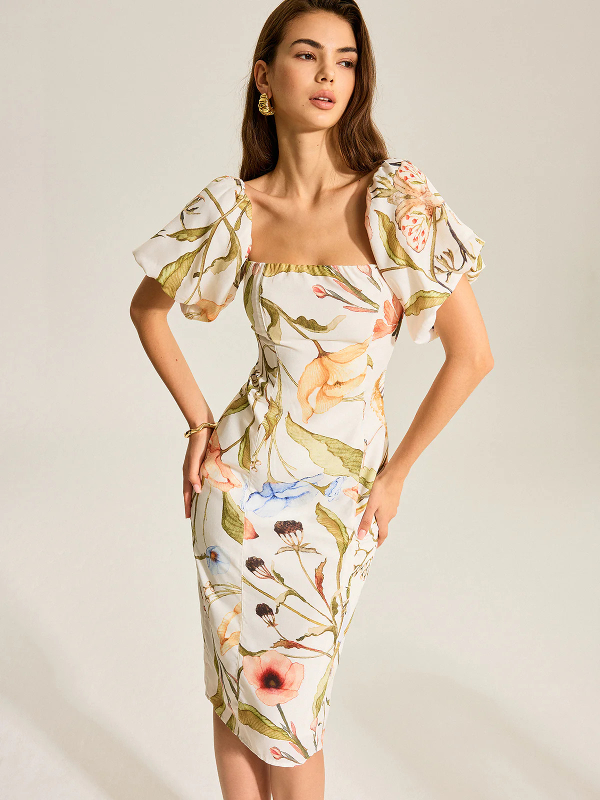 Floral Puff Sleeve Backless Dress | Commense