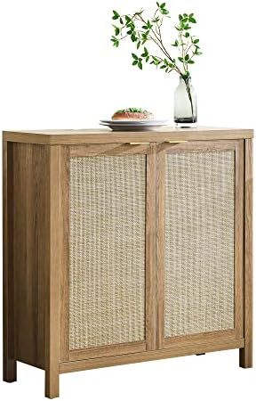 Farmhouse Sideboard Buffet Kitchen Cabinet - Rattan Storage Cabinet with Rattan Decorated Doors -... | Amazon (US)