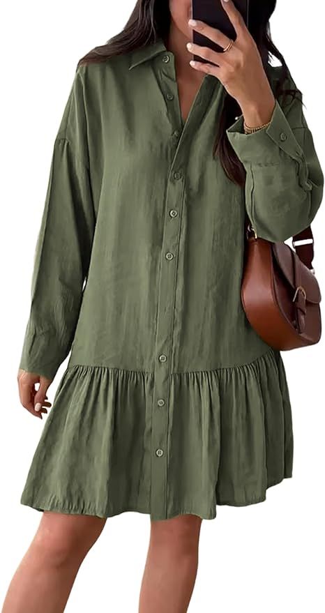 Seetaa Womens Mini Shirt Dress Summer Casual Long Sleeve Button Down Collared Neck Loose Fit Vaca... | Amazon (US)