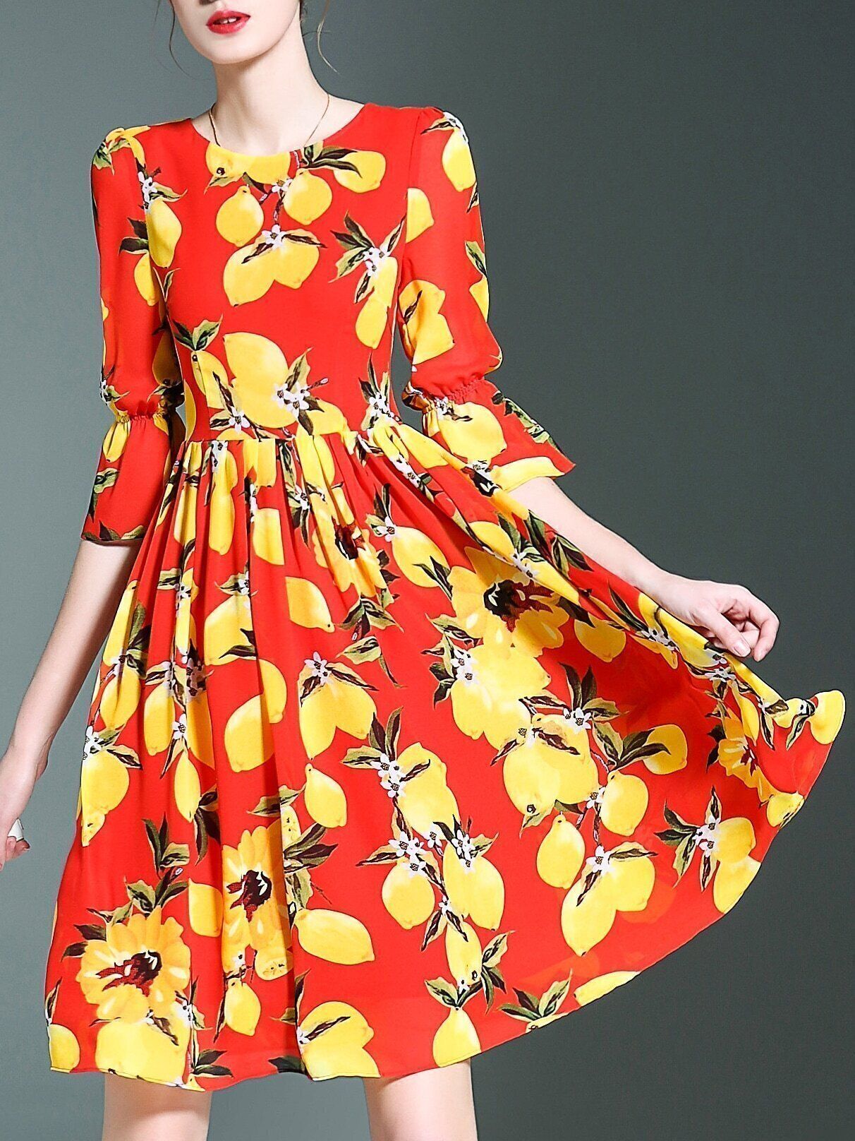 Red Bell Sleeve Lemons Print Dress | SHEIN