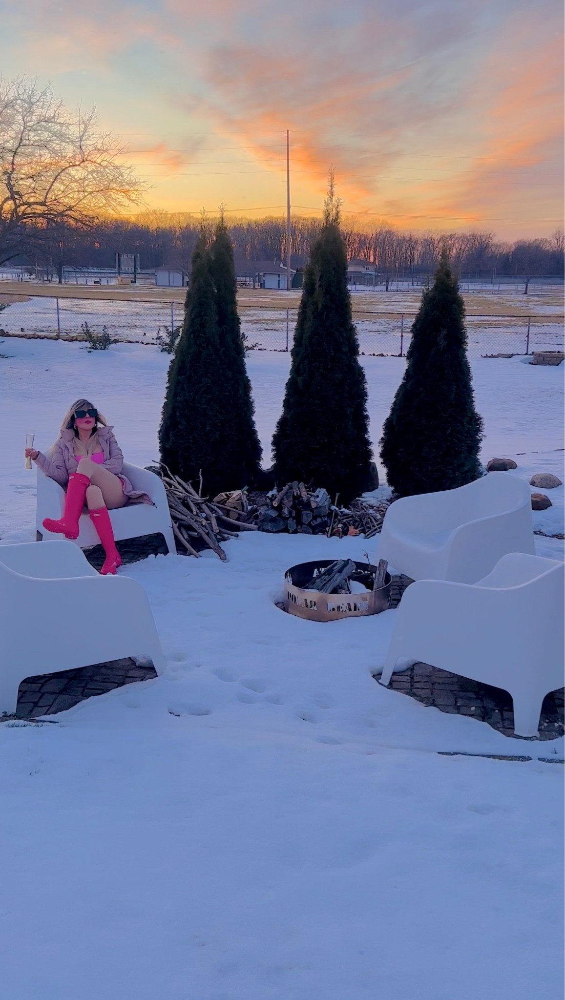 OOTD:

- Swimsuit: Amazon
- Double Linen Bodysuit: Amazon
- Fleeced Pantyhose: Amazon
- Champagne Glass: Macy’s (Linked their new ones!)
- Sunglasses: YSL/Neiman Marcus
- Earrings: Nordstrom
- Boots: Hunter Tall Rain Boots (Color: Bright Pink out of stock)
- Jacket: Calvin Klein (New Version Linked!)