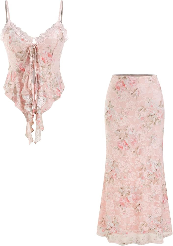 CIDER Womens Two Piece Outfits Floral Lace Spaghetti Strap Tank Tops Bodycon Midi Skirts Summer V... | Amazon (US)