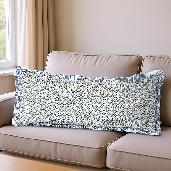 Ridhi Block Print Hand Fan Harmony 36"x14" Set 1-100% Cotton Ruffle Lumbar Sham Cover Boho Floral... | Amazon (US)