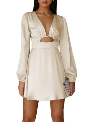 Women's Satin Long Sleeve Cut Out Mini Dress Silk Lantern Sleeve V Neck A-line Sexy Cocktail Short Dress for 2025 Champagne | Amazon (US)