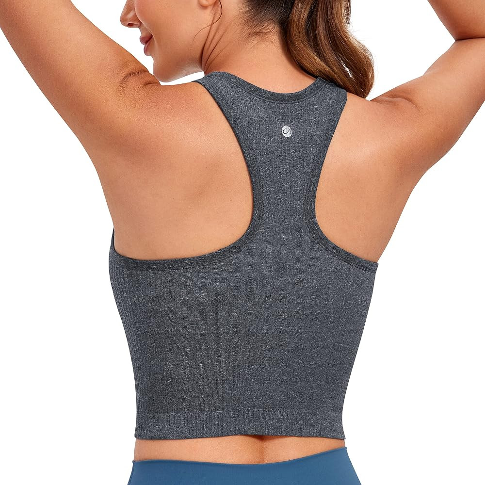 CRZ YOGA Womens Seamless Ribbed Longline High Neck Sports Bra - Racerback Padded Slim Fit Crop Ta... | Amazon (US)