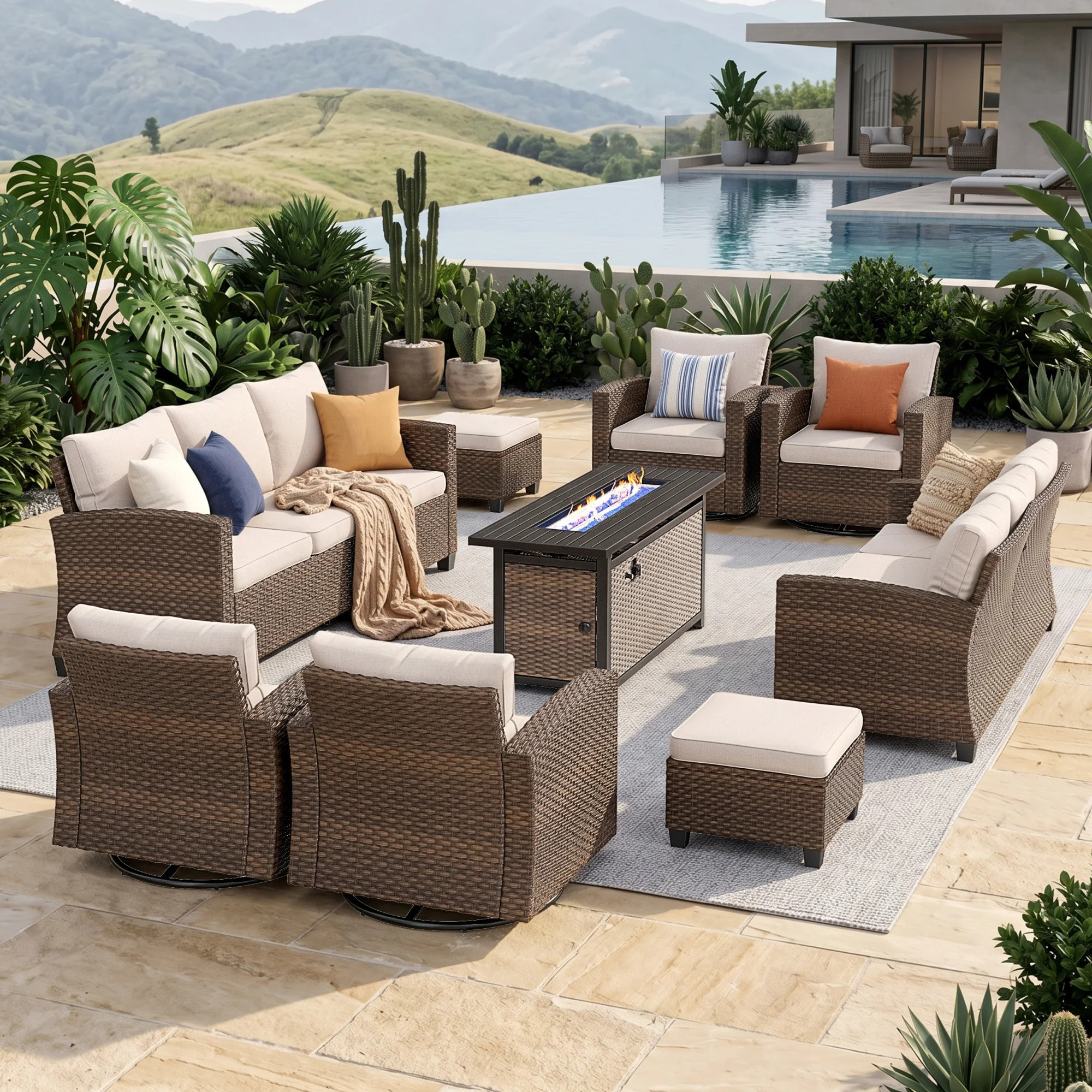 7 - Person Outdoor Wicker Patio Conversation Set With Swivel Chairs & Fire pit Table | Wayfair North America