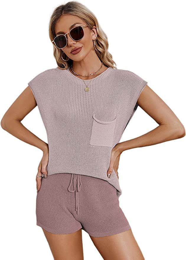 Qiaomai Womens 2 Piece Outfits Sweater Sets Knit Pullover Tops and Shorts Lounge Sets | Amazon (US)