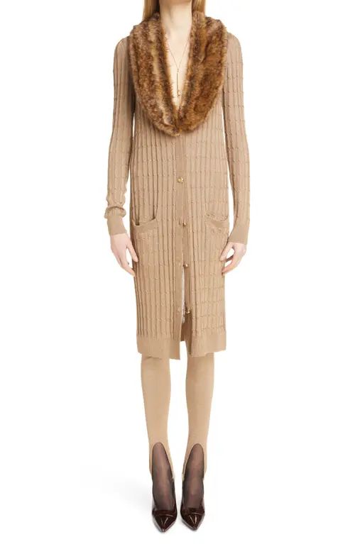 Yves Saint Laurent Cable Knit Cardigan Long Sleeve Sweater Dress with Faux Fur Trim in Dore/Fauve at | Nordstrom