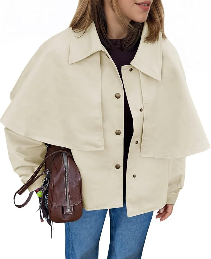 Tankaneo Womens Cropped Trench Coat Casual Lapel Single Breasted Cape Sleeve Short Jacket 2025 Fa... | Amazon (US)