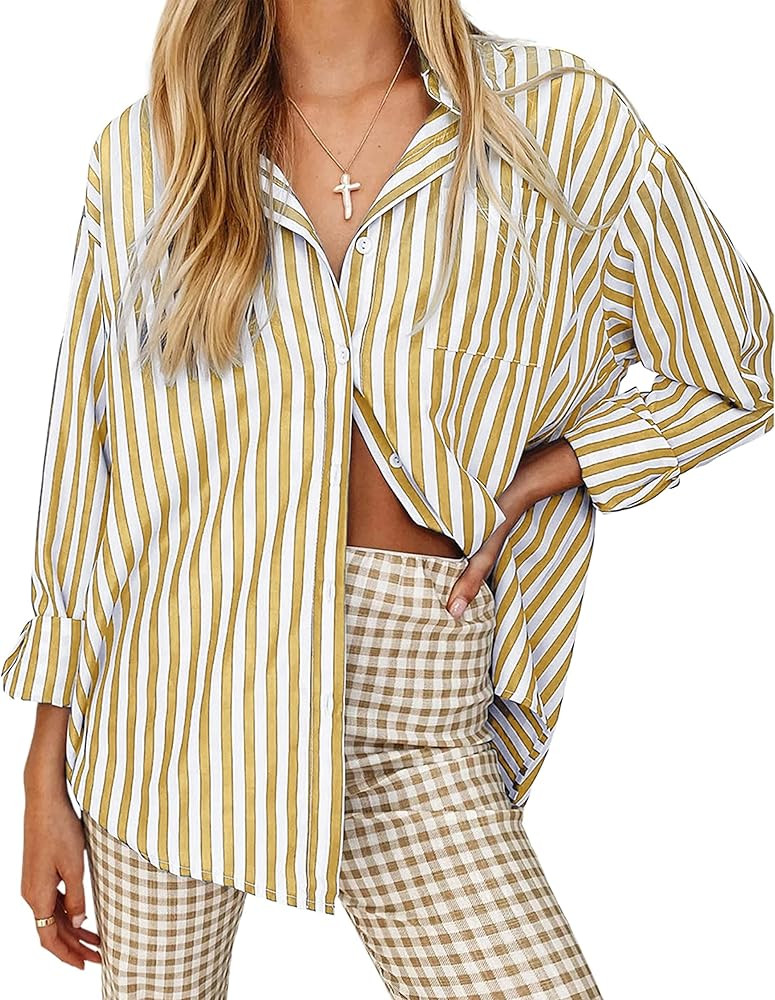thefabland Women's Blouses Striped Long Sleeve Shirts Button Down Loose Fit Casual Tops | Amazon (US)