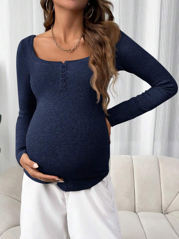 SHEIN Maternity Plain Buttoned Crew Neck Long Sleeve Fitted T-Shirt, Autumn/Winter | SHEIN