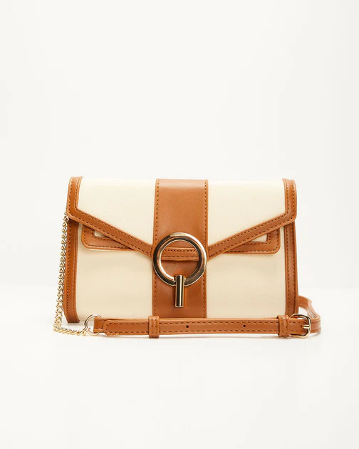 Elina Buckled Canvas Chain Handbag - Cream/Tan | VICI