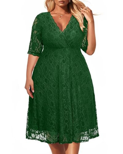 Women Plus Size Dresses for Wedding Guest Emerald Green Bridesmaid Semi Formal Cocktail Lace Midi Party Dark Green Dress | Amazon (US)
