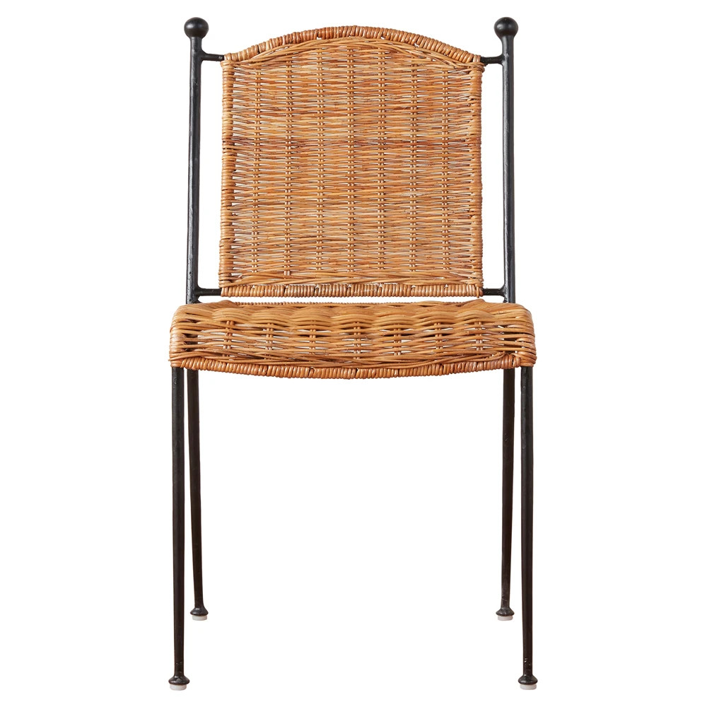 Mirea Coastal Beach Natural Rattan Woven Iron Stackable Outdoor Dining Chair | Kathy Kuo Home