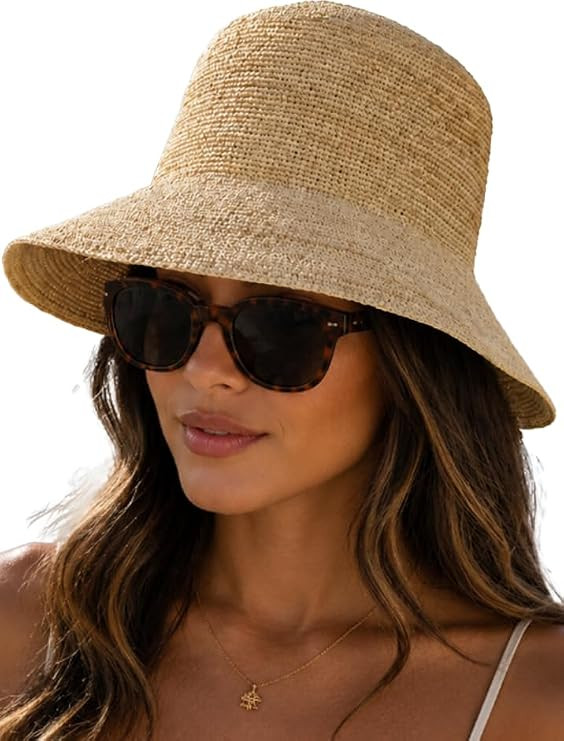 Natural Raffia Straw Bucket Hat for Women Sun Beach Handmade Raffia Woven Bucket Hat Foldable Sum... | Amazon (US)