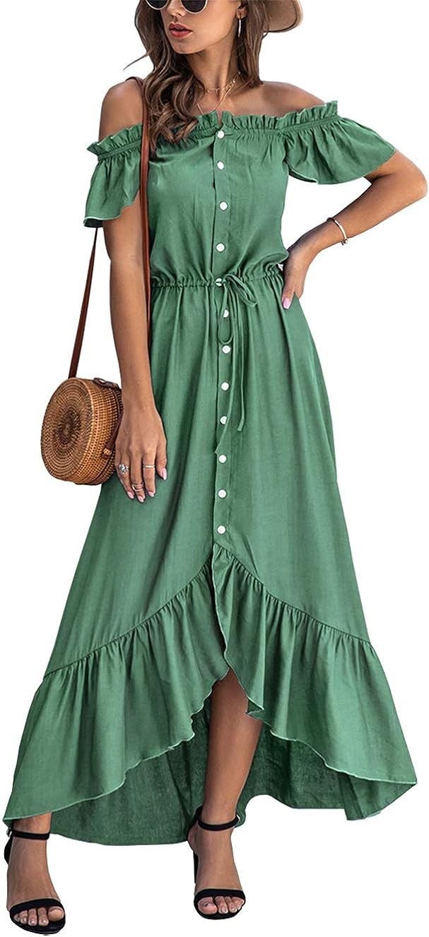 KIRUNDO 2021 Summer Women’s Off Shoulder Maxi Dress Polka Dots Short Sleeves High Waist Pleated... | Amazon (US)