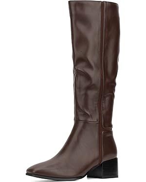 TORGEIS Women's Casual Fashion Mid Calf Knee High Faux Leather Boots w Side Zipper | Studded Buck... | Amazon (US)