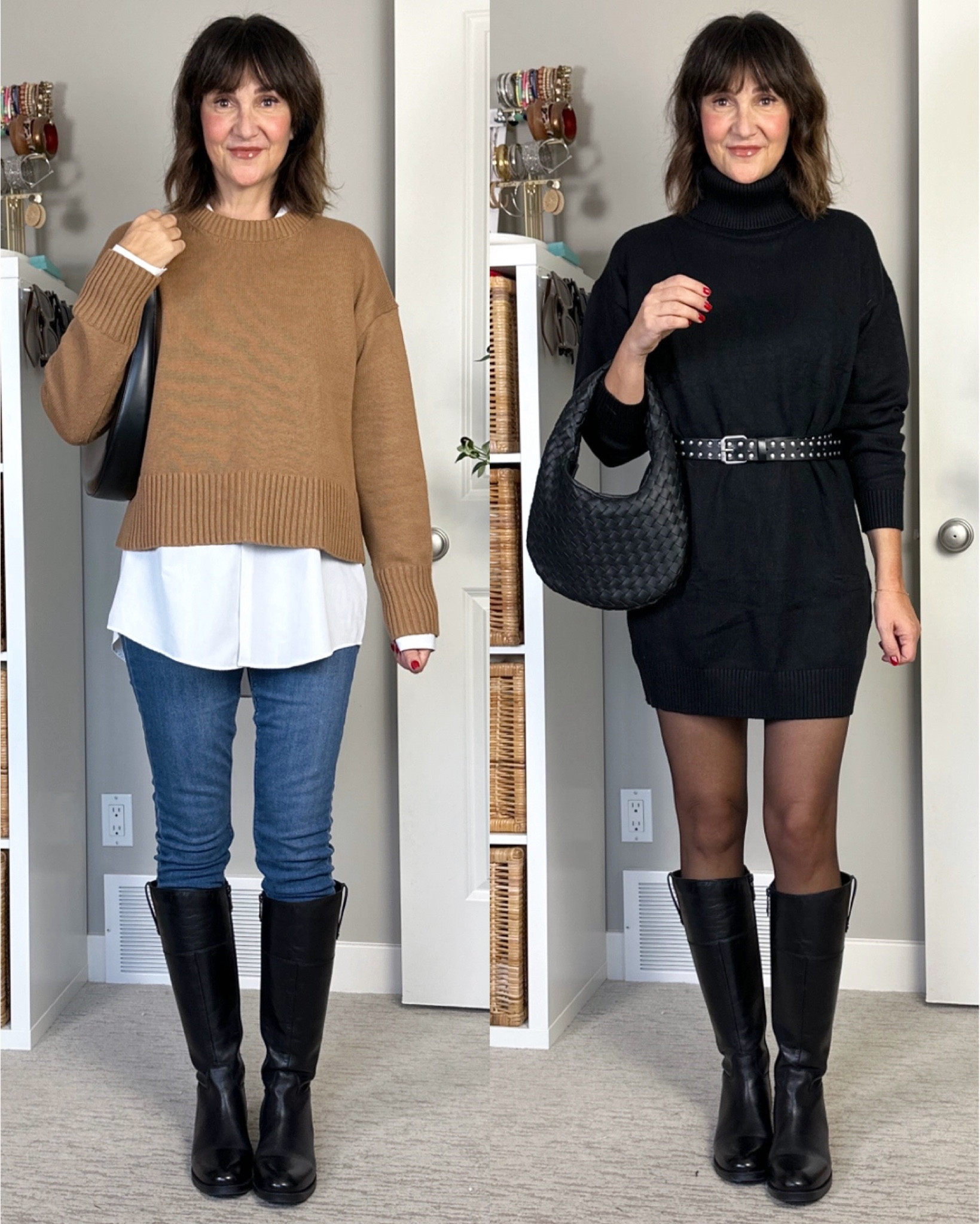 Riding boots outfits!
My boots are only available in Canada (the link under “exact” will show an error if you’re elsewhere) but other similar styles are available from the same retailer in the US linked under “related”. They fit true to size and have a thin lining. 
Linked what I could from the outfits, wearing my usual size S in the sweater and belt, sized up to L in the sweater dress cause it looked short in the pics and the white shirt is a men’s 16” neck, 32-33” sleeves so it’s pretty oversized on me. 

#LTKShoeCrush #LTKStyleTip #LTKParties