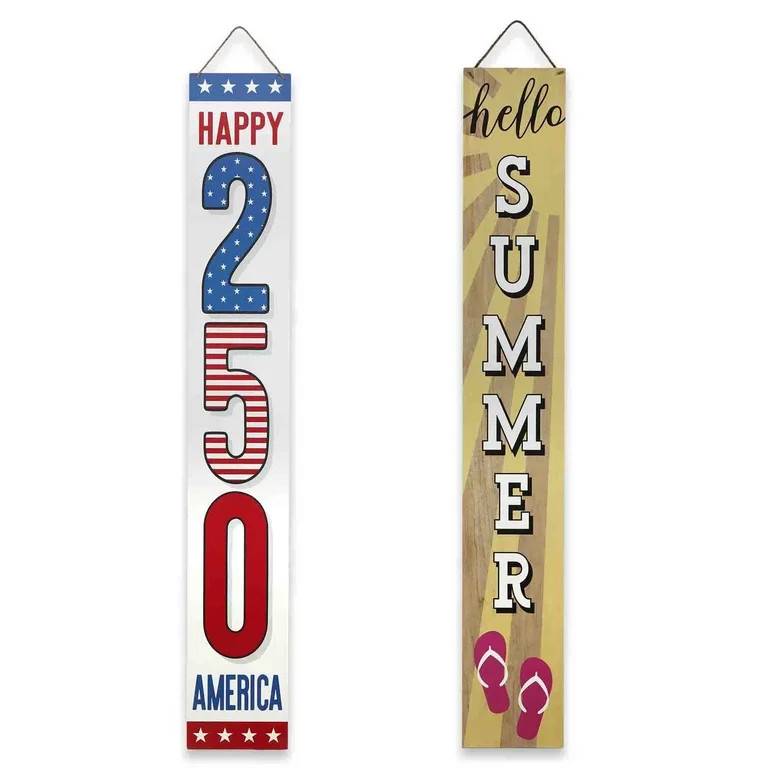Double-Sided Happy 250 America/Hello Summer Wooden Porch Leaner Sign with Rope Hanger, Multicolor... | Walmart (US)