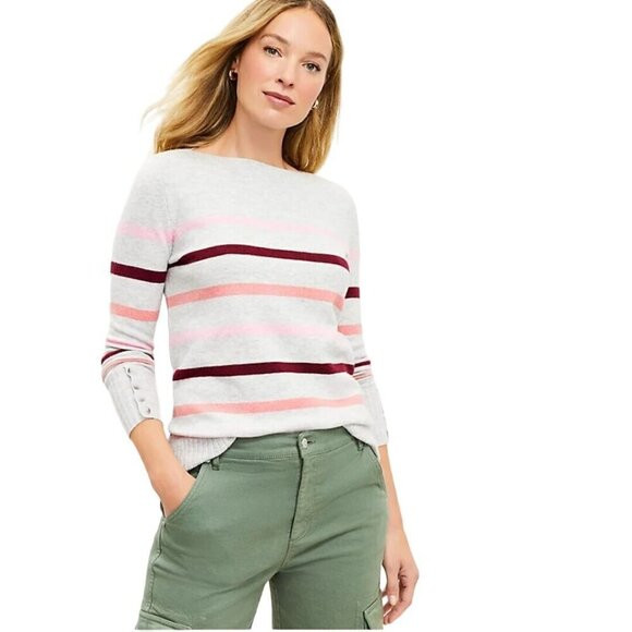 Loft Striped Boat Neck Tunic Sweater Sleeve Button Detail Ribbed Hems Size M | Poshmark