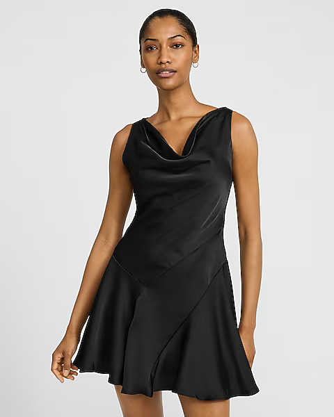 Satin Cowl Neck Fit And Flare Mini Dress | Express
