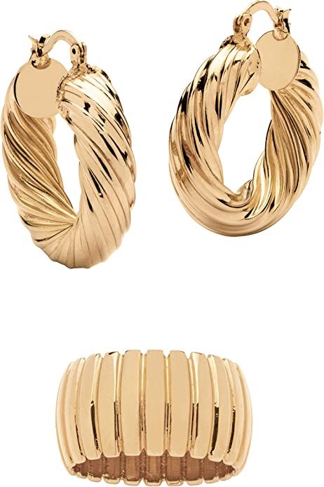 Amazon.com: Palm Beach Jewelry Yellow Gold Ion Plated Sectoion Dome Hoop Earring and Ring Set (12... | Amazon (US)