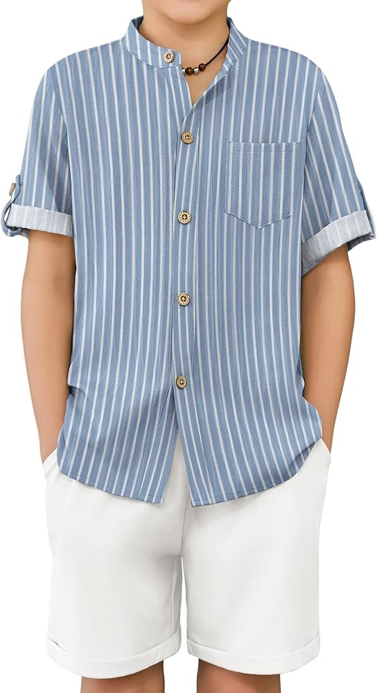 Arshiner Boy's 2 Piece Beach Outfit Short Sleeve Textured Button Down Shirt and Short Sets Summer... | Amazon (US)