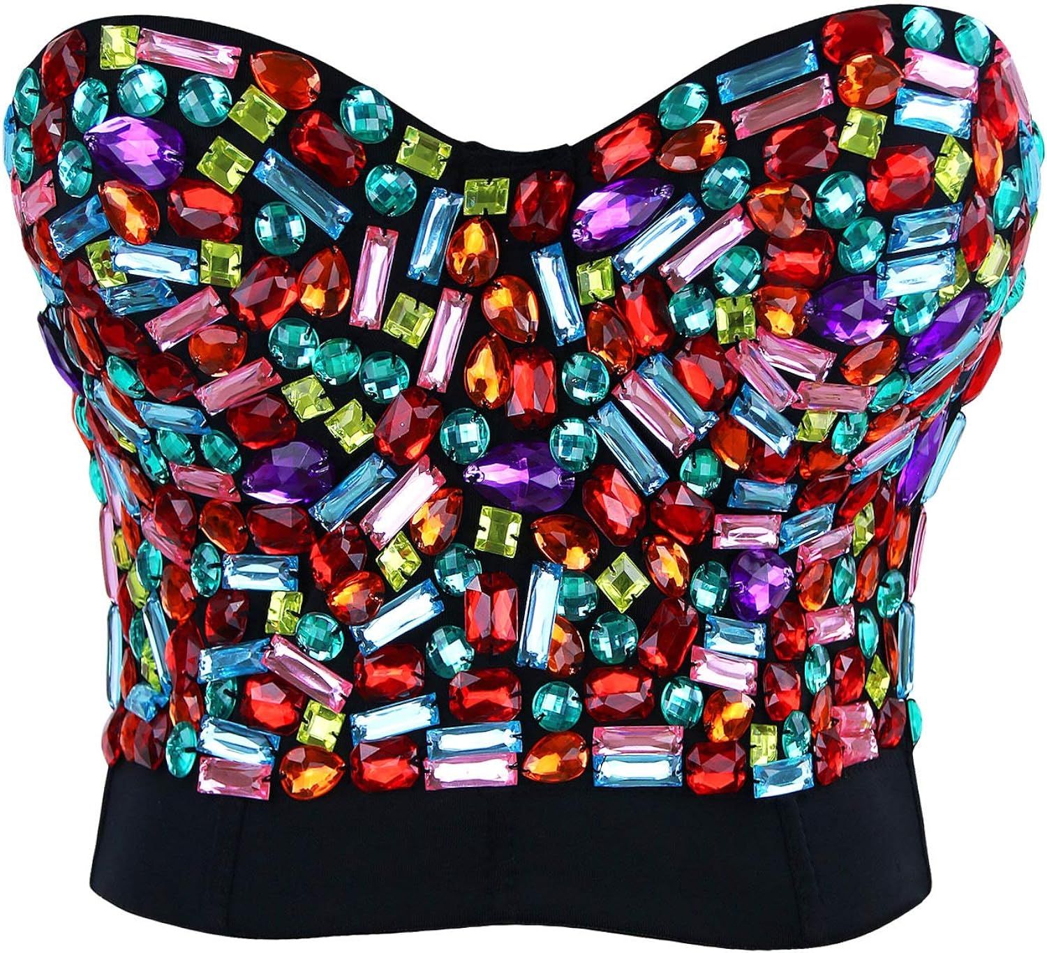 Charmian Women's Colorful Rhinestone Push Up Bra Clubwear Party Bustier Crop Top Valentines Bra Top  | Amazon (US)