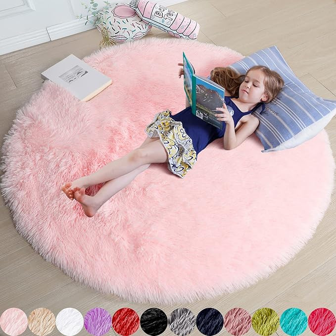 Amdrebio Light Pink Round Rug 4Ft for Girls Bedroom, Fluffy Circle Area Rugs for Kids Room Decor ... | Amazon (US)