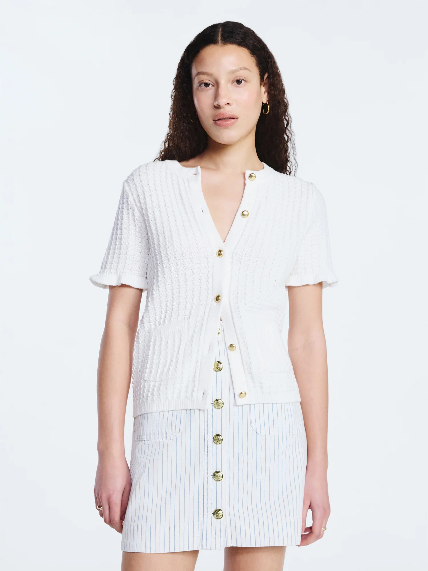 Free Assembly Women's Cotton Basketweave Cardigan Sweater with Short Ruffle Sleeves, Lightweight,... | Walmart (US)