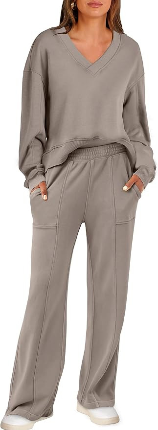 ANRABESS Women 2 Piece Outfits V Neck Sweatshirts Wide Leg Jogger Sweatpants Lounge Sets 2024 Fal... | Amazon (US)
