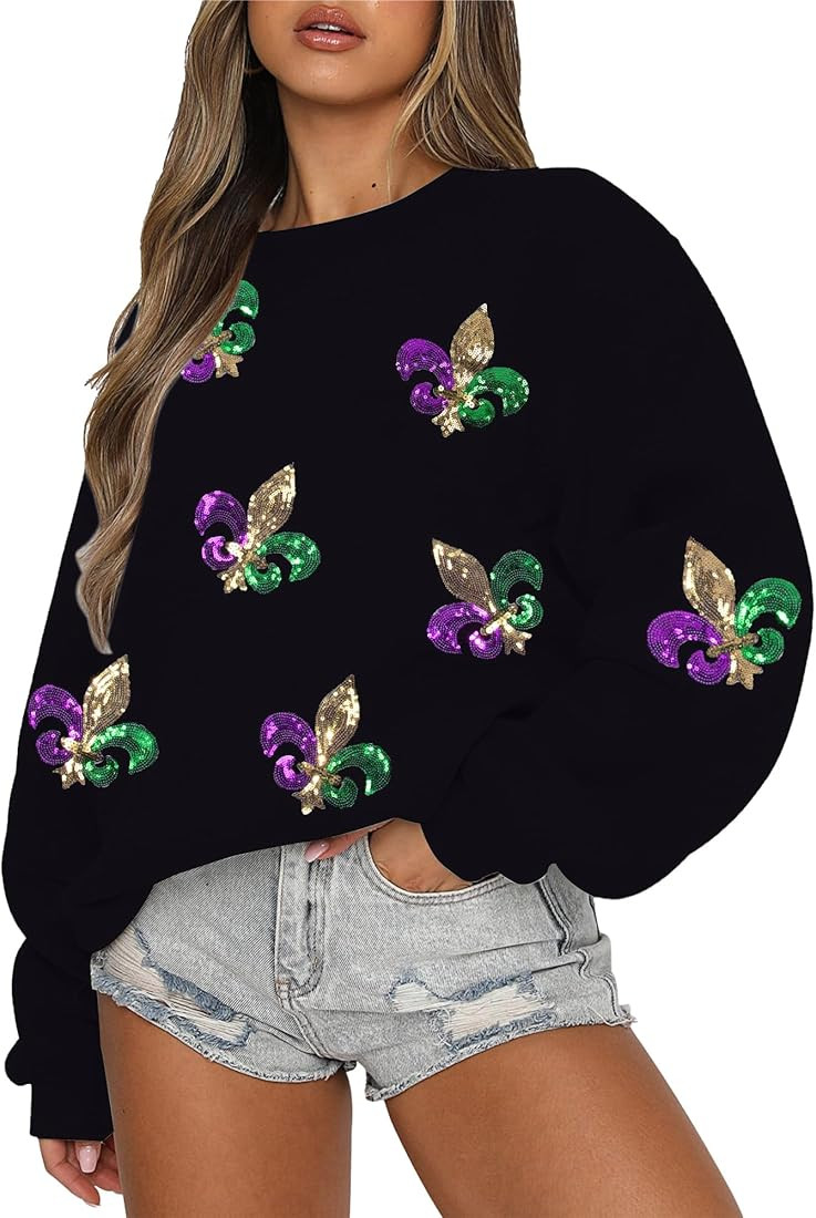 LUKYCILD Mardi Gras Sweatshirt Women Stripes Fat Tuesday Shirt Mask Graphic Carnival Long Sleeve ... | Amazon (US)