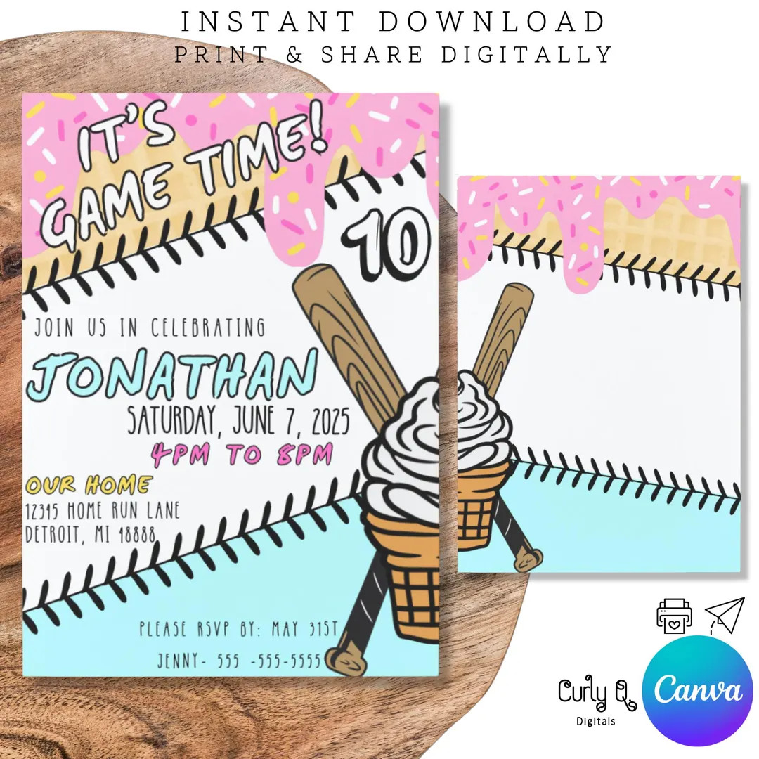 Editable Baseball Invitation Template Baseball Drip Baseball Drip Ice Cream Birthday Softball Inv... | Etsy (US)