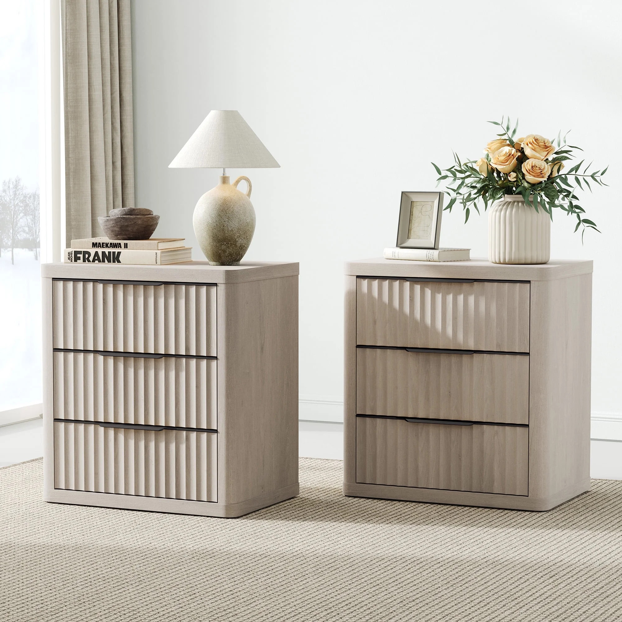 SICOTAS 23"W Nightstand Set of 2, Farmhouse Nightstands with 3 Fluted Drawers & Black Handles, Wo... | Walmart (US)