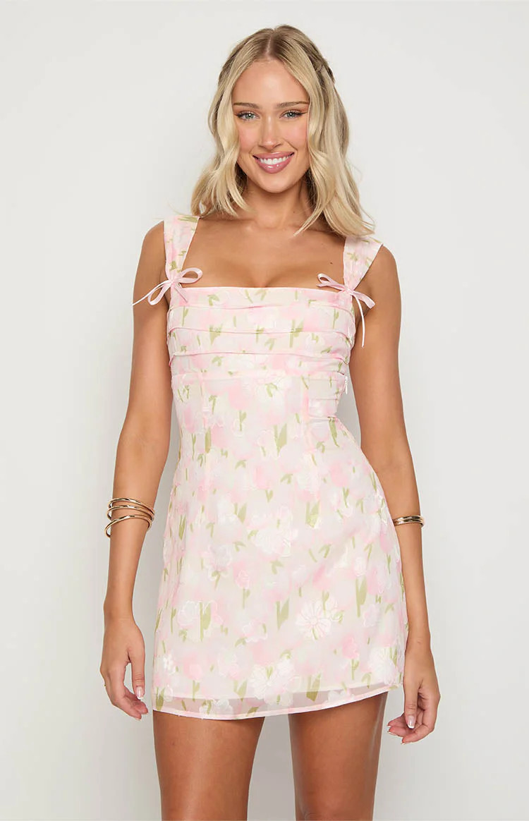 Layla Pink Floral Tie Back Mini Dress | Beginning Boutique (US)