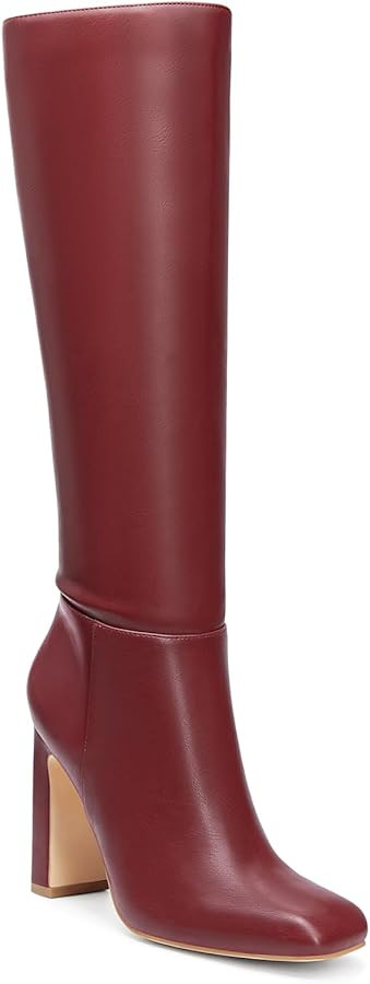 Coutgo Women's Chunky Heeled Knee High Boots Classic Leather Square Toe Zippered Tall Boot | Amazon (US)