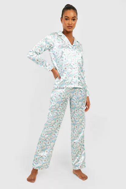 Tall Christmas Bauble Print Button Down Satin Pajama Set | Boohoo.com (US & CA)