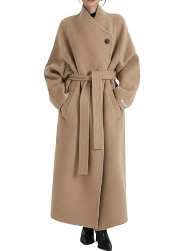 utcoco Women's Oversized Long Wool Coat Asymmetric Wrap Belted Trench Coat Fall Winter Overcoat with Pockets (Small, Camel) | Amazon (US)