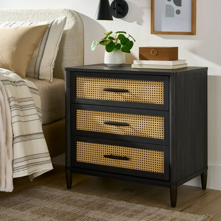 Better Homes & Gardens Springwood Caning 3-Drawer Nightstand, Charcoal finish | Walmart (US)