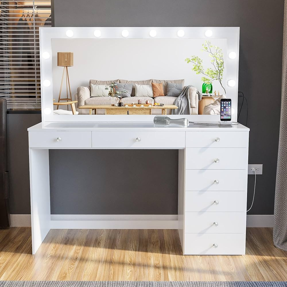 Boahaus Ketevan Makeup Vanity with Lights Bulbs Built-in, USB Outlet, 8 Drawers, Glam Glass Top V... | Amazon (US)