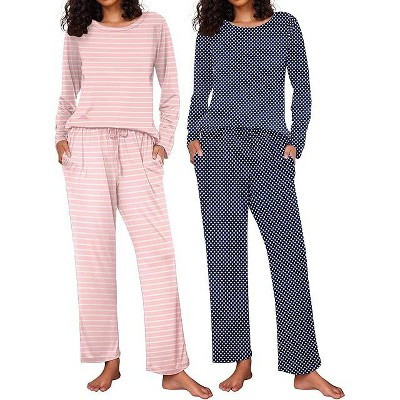 Ekouaer 2 Pack Women's Pajama Set Long Sleeve Top with Jogger Pants Lounge Sets Sleepwear Loungewear with Pockets A-pink Stripe/Navy Dots S | Target