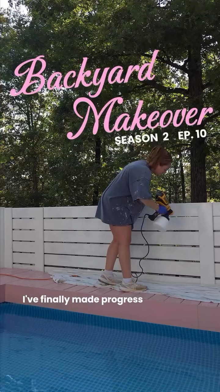Season 2, Episode 10 of the Backyard Makeover! 🏡☀️💗 The vision is starting to come together with the white fence 🤍 #pooldeck #pinkpool #backyardrenovation #fencestaining #paintsprayer