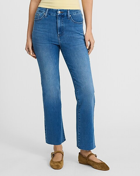High Waisted Medium Wash Raw Hem FlexX Cropped Flare Jeans | Express