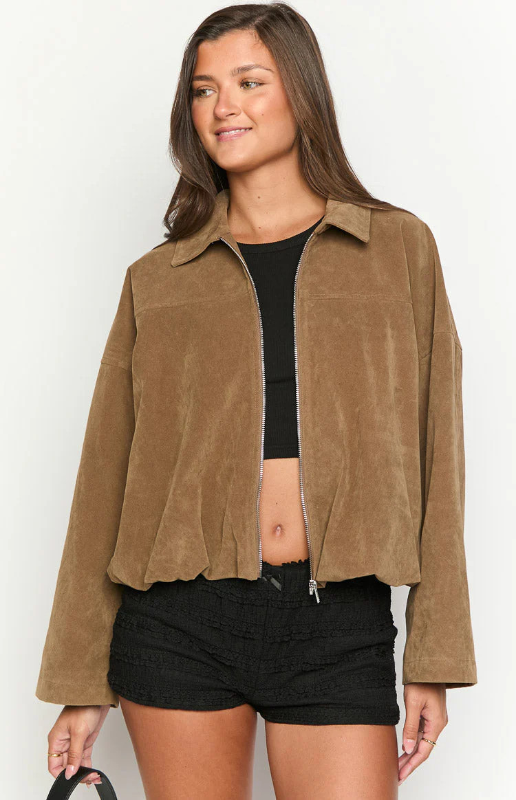 River Brown Suedette Bubble Hem Bomber Jacket | Beginning Boutique (US)