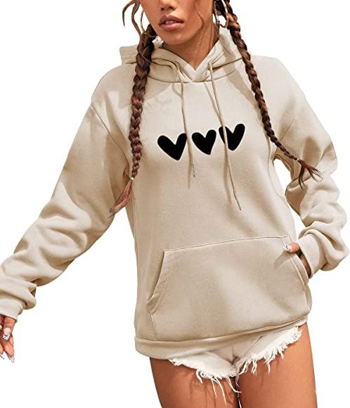 SYOT Women's Heart Print Long Sleeve Fleece Thickened Warm Sweatshirt Drawstring Hoodie Casual Pu... | Amazon (US)