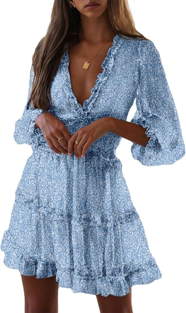 Dokotoo Womens 2025 Spring Summer Deep V Neck Long Sleeve Backless Ruffle Floral Flowy Mini Dress | Amazon (US)
