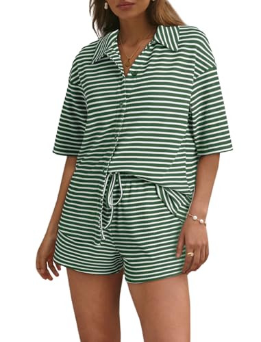 SHEWIN Lounge Sets For Women Short Sleeve 2 Piece Outfits Womens Pajama Sets Casual Summer Sets for Women Blackish Green Small | Amazon (US)